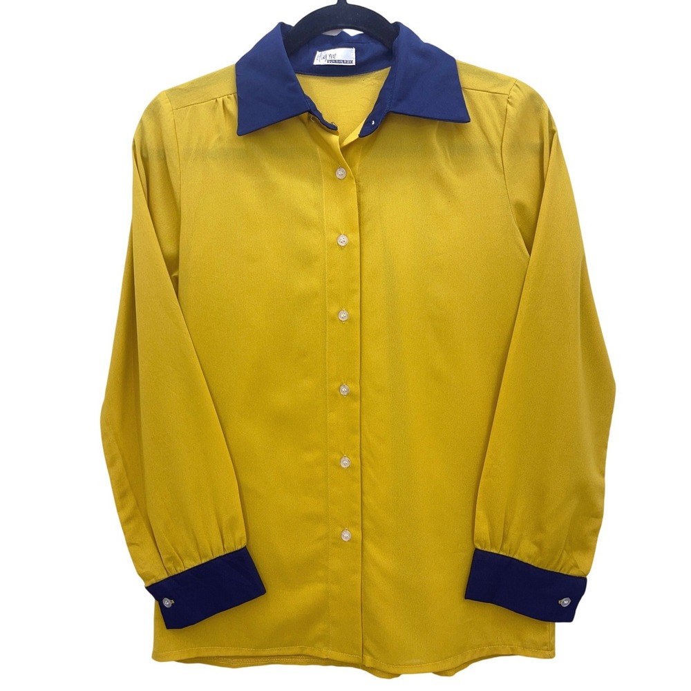 Hug Me Yellow Navy Blue Button Up Blouse Small Vintage Style Contrast Collar